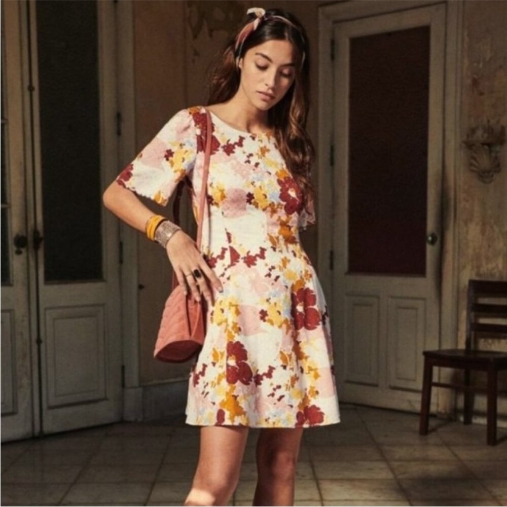 Sezane Faustine Floral Short-Sleeve Dress in Cream, Pink & Mustard